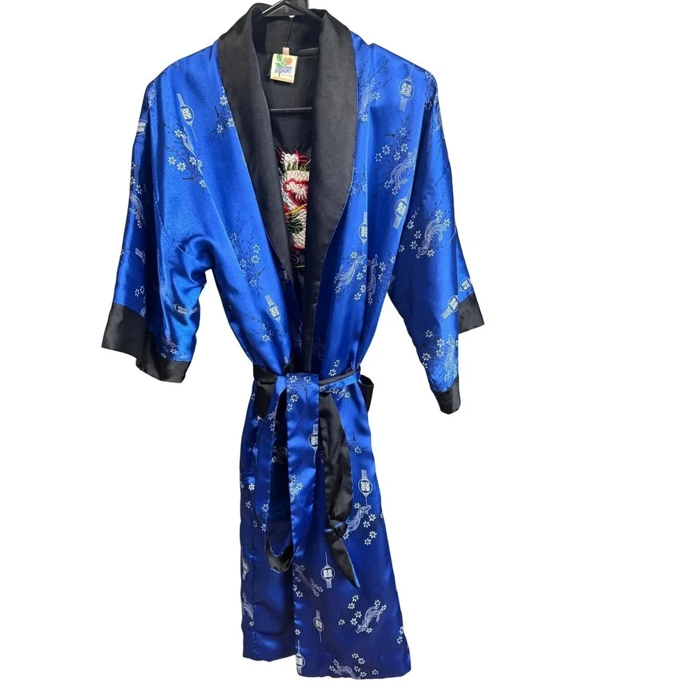 Rose Just For You Reversible Kimono Robe‎ Blue Black Dragon Embroidered Satin M